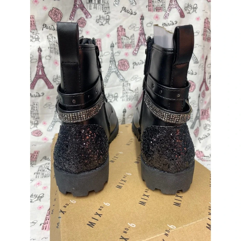 Mix No. 6 Carly Kids Black Glitter Rhinestone Buckle Combat Boots Size 6M New